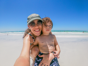 photo of a mom and her son at the beach