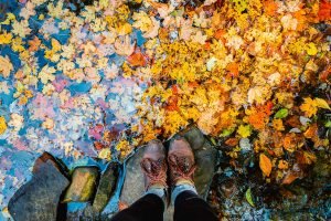 Artistic photo of hiking boots by the water surrounded by yellow, red, and orange, autumn leaves.