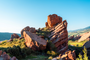 View from red rocks from the Trading Post Trail at Red Rocks Park and Amphitheatre in Colorado.
