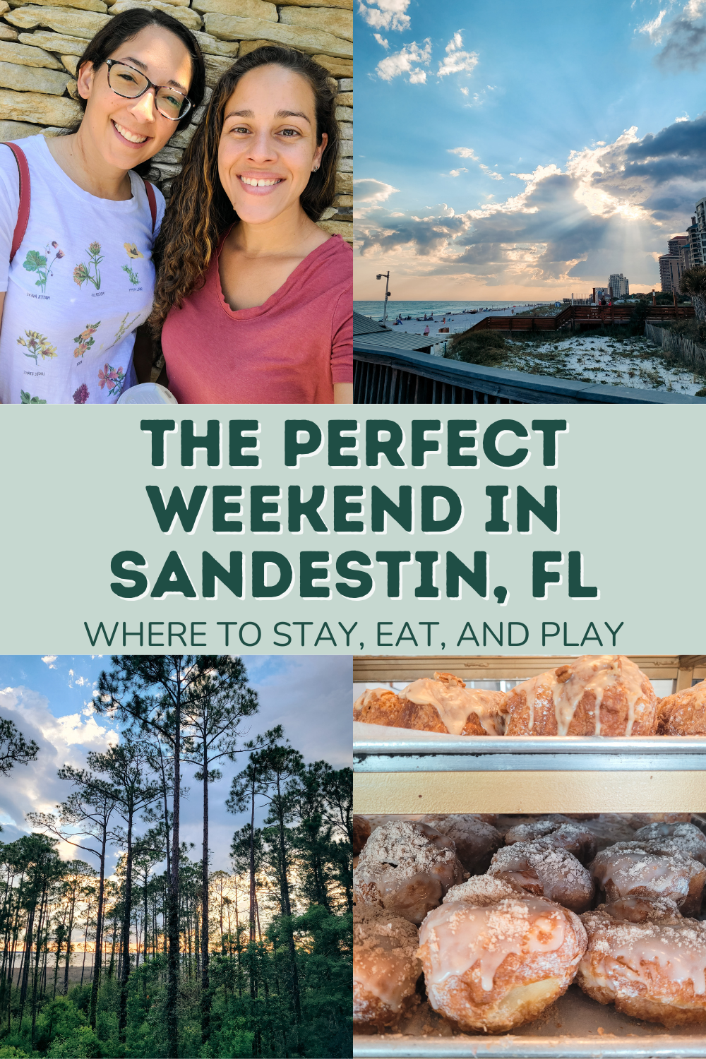 photo collage of travel pictures to Sandestin florida for a weekend getaway. Image has text overlay that read the perfect weekend in sandestin florida. where to stay, eat, and play